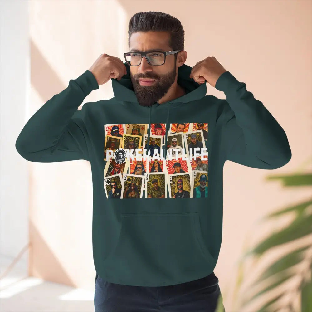 Premium multi color poker hoodie featuring "PokerAintLife" graphic with pro player poker cards design – streetwear for poker players and grinders.