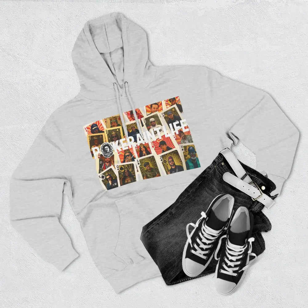 Premium gray poker hoodie featuring "PokerAintLife" graphic – streetwear for poker players and grinders.