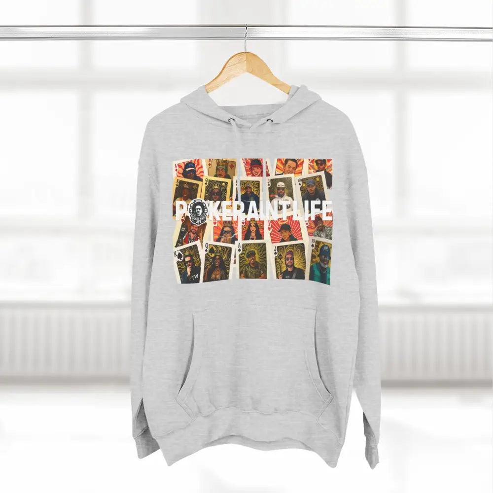 Premium gray poker hoodie featuring "PokerAintLife" graphic – streetwear for poker players and grinders.