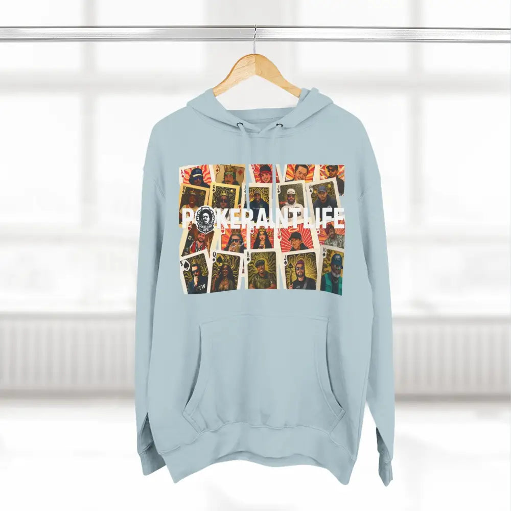 Premium light blue poker hoodie featuring "PokerAintLife" graphic – streetwear for poker players and grinders.