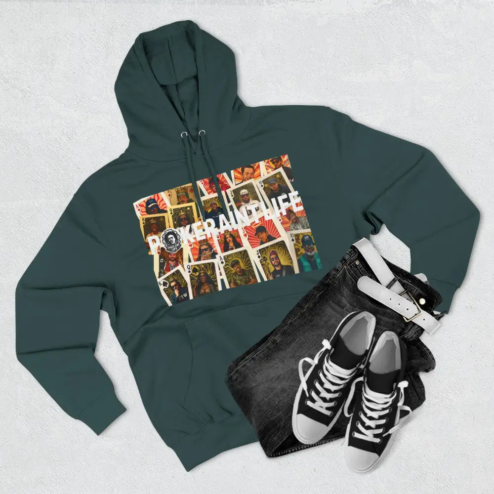 Premium multi color poker hoodie featuring "PokerAintLife" graphic with pro player poker cards design – streetwear for poker players and grinders.
