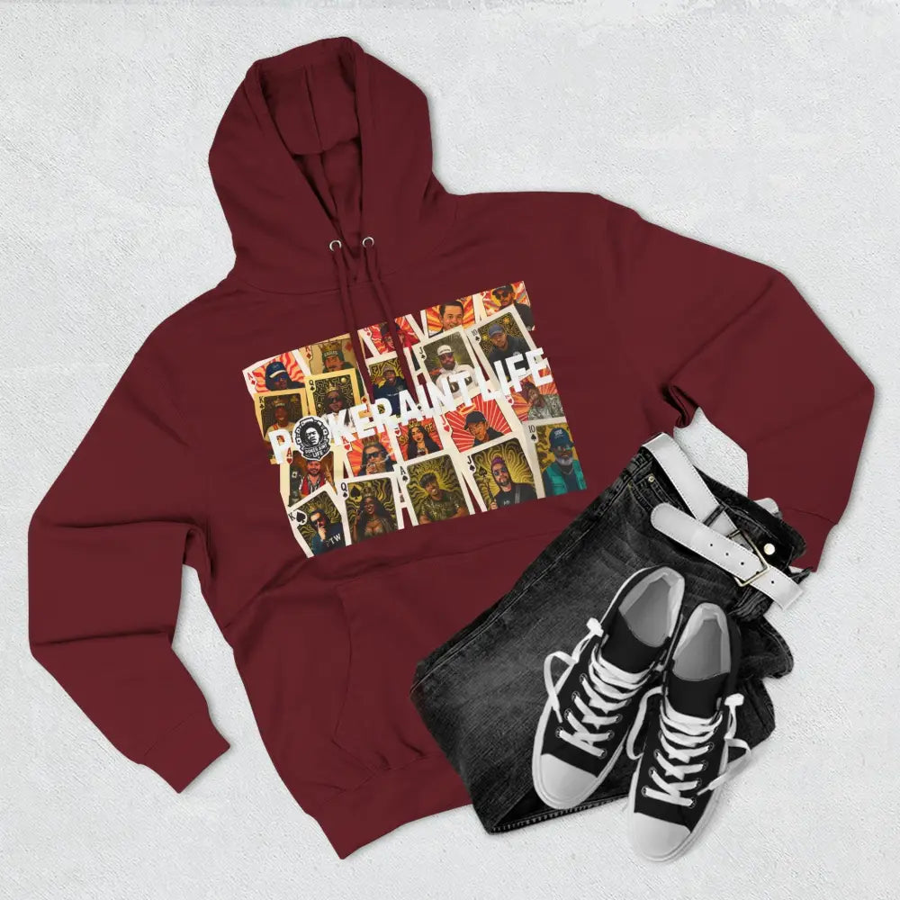 Premium multi color poker hoodie featuring "PokerAintLife" graphic with pro player poker cards design – streetwear for poker players and grinders.