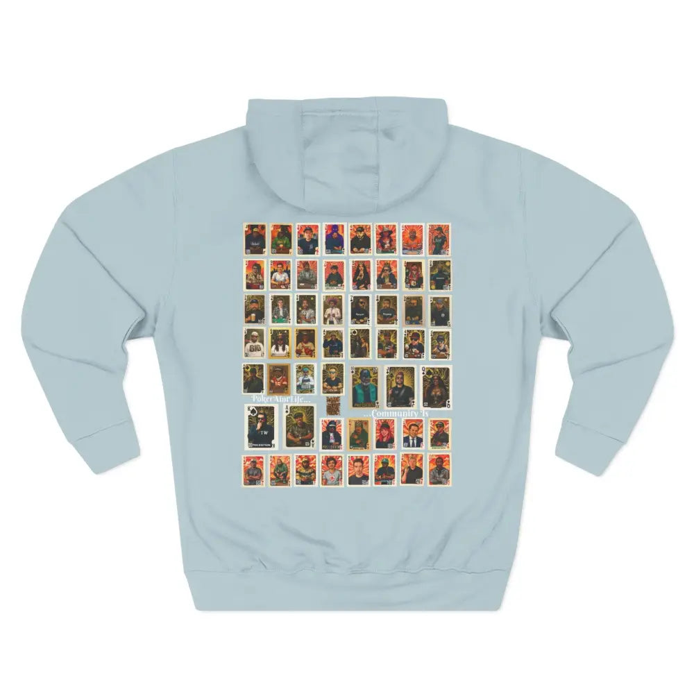 Light blue hoodie with a pattern of small images on the back against a white background