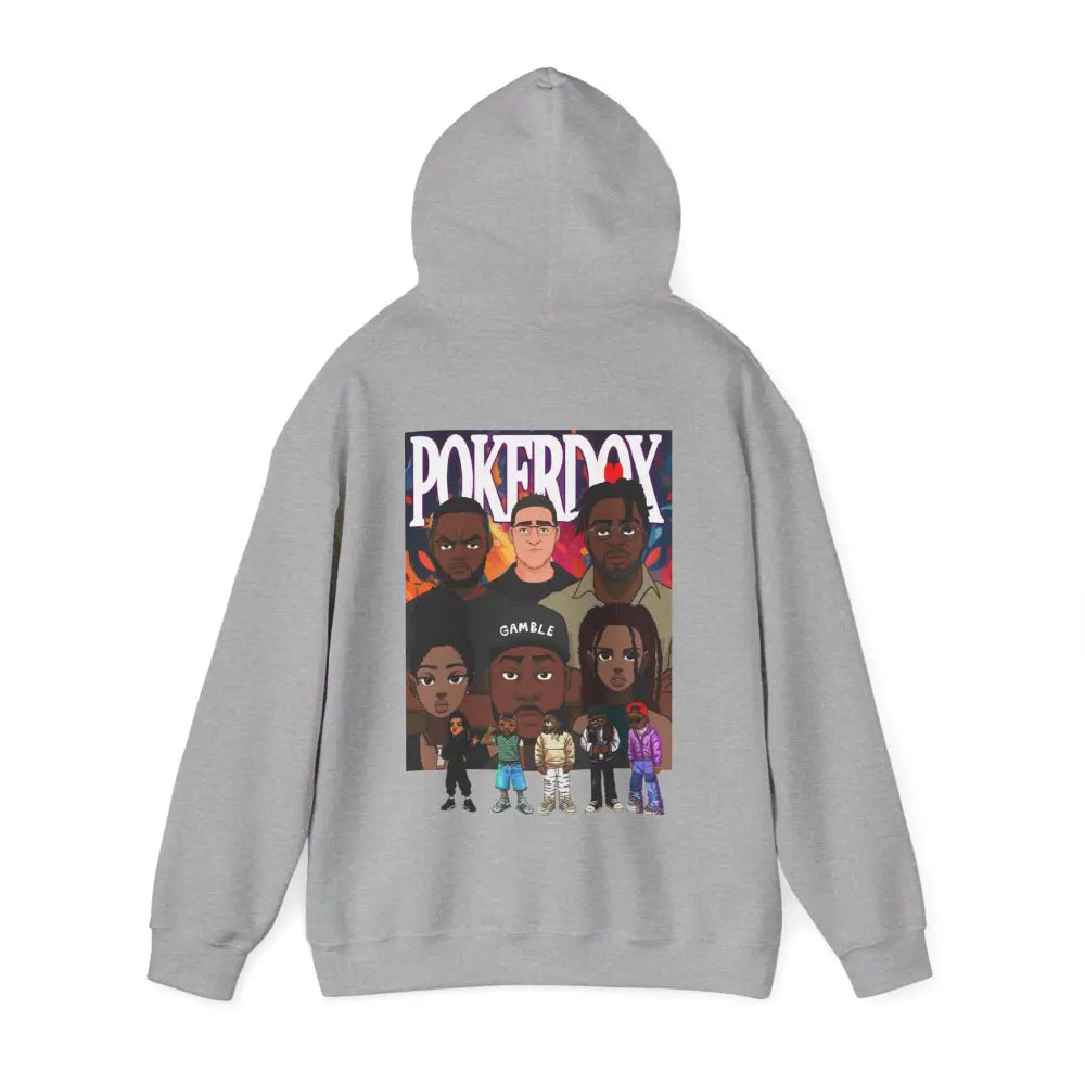 Pokerdox Crew Hoodie – Urban Graphic Hoodie Featuring Pokerdox Logo & Character Collage - Hoodie