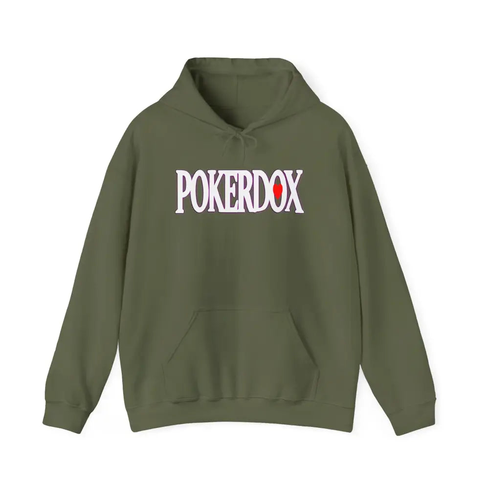 Pokerdox Crew Hoodie – Urban Graphic Hoodie Featuring Pokerdox Logo & Character Collage - Military Green / S - Hoodie