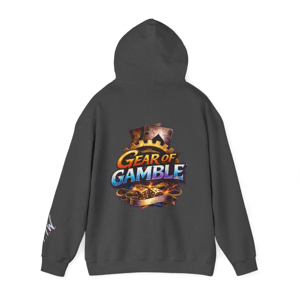 Black hoodie with 'Gear of Gamble' logo on the back against a white background