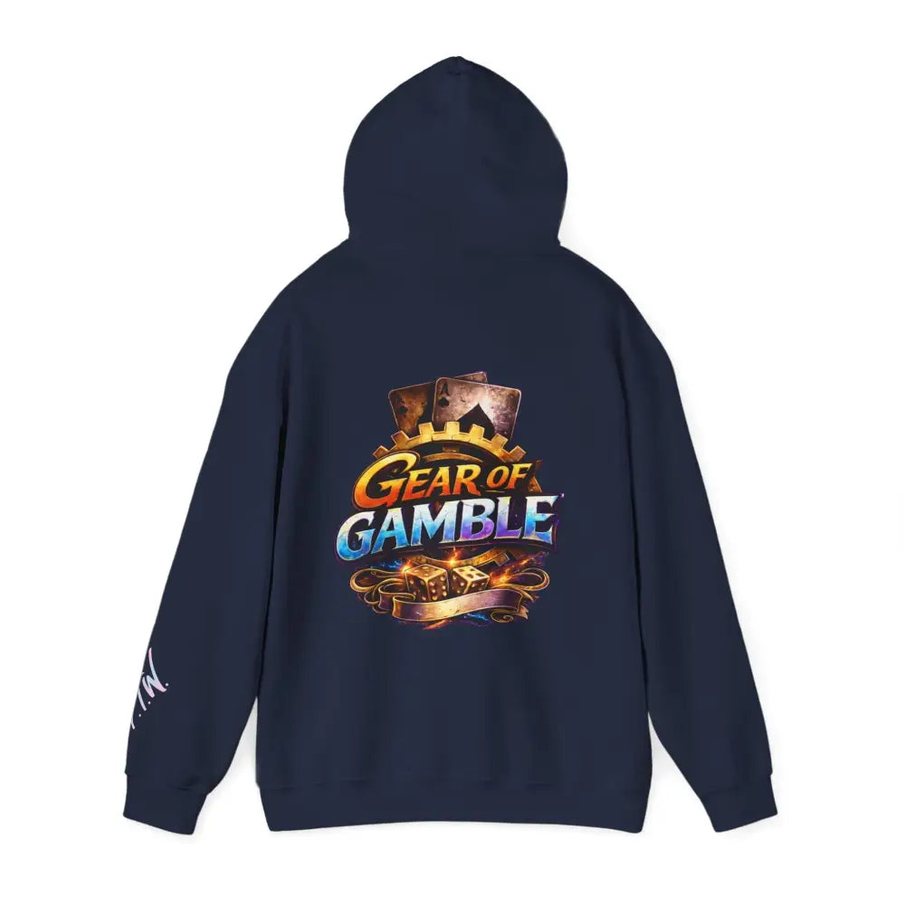 Navy blue hoodie with 'Gear of Gamble' logo on the back against a white background Front: Prove Them Wrong