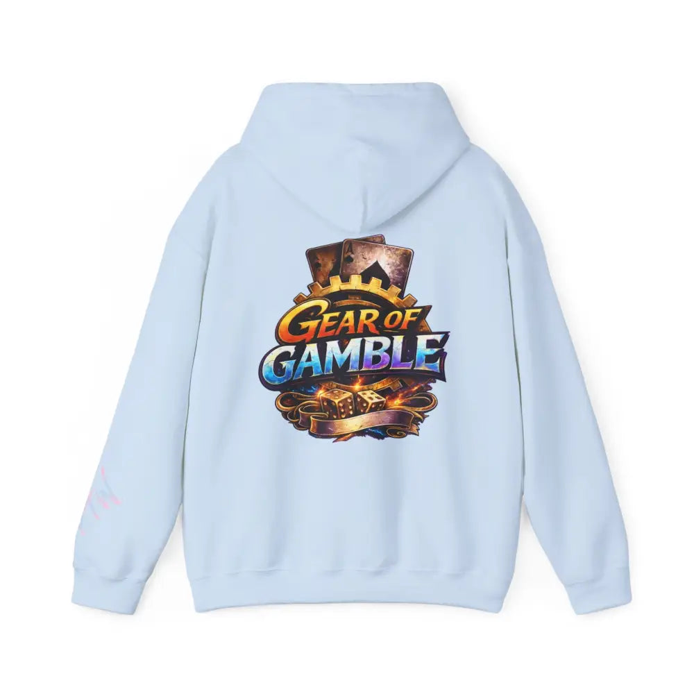 Light blue hoodie with 'Gear of Gamble' logo on the back against a white background 
Front: Prove Them Wrong