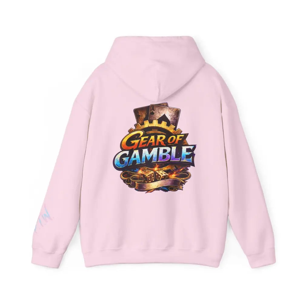 Pink hoodie with 'Gear of Gamble' logo on the back against a white background Front: Prove Them Wrong