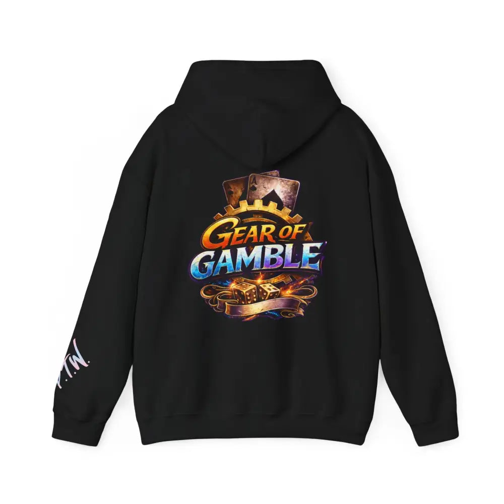 Black hoodie with 'Gear of Gamble' logo on the back against a white background