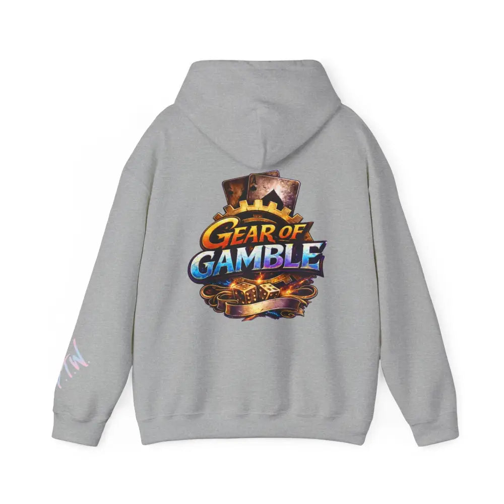 Gray hoodie with 'Gear of Gamble' logo on the back against a white background