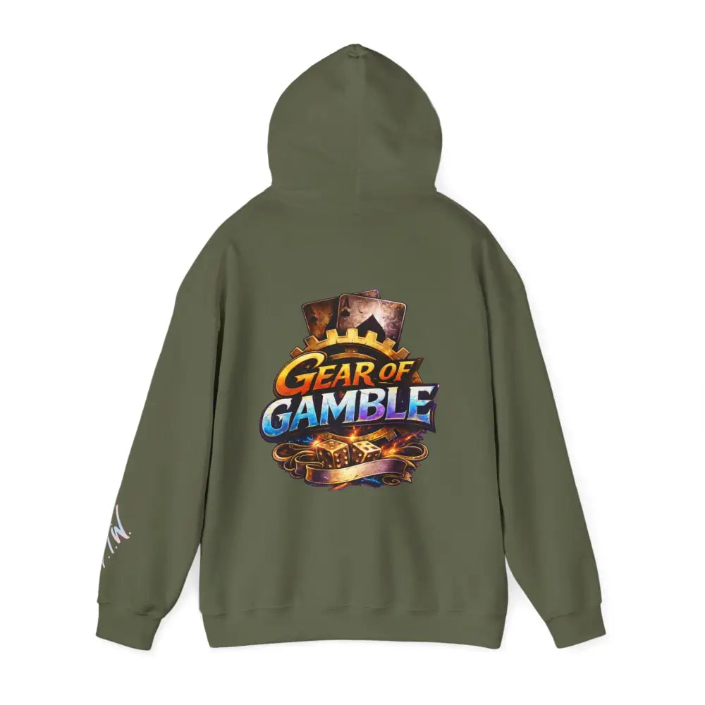 Green hoodie with 'Gear of Gamble' logo on the back against a white background