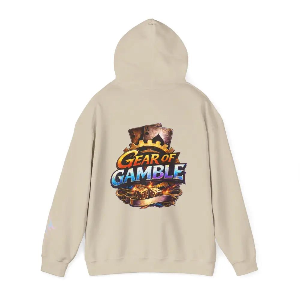 Beige hoodie with 'Gear of Gamble' graphic design on a white background