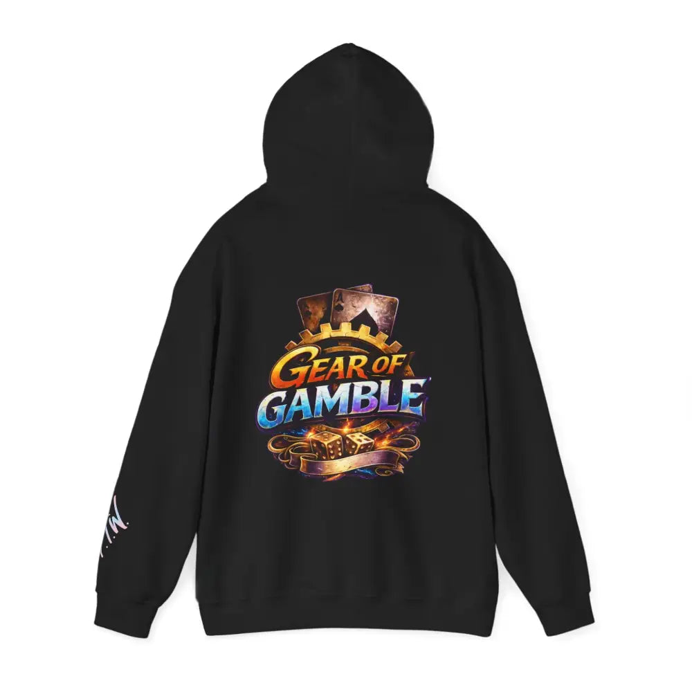 Black hoodie with 'Gear of Gamble' logo on the back against a white background