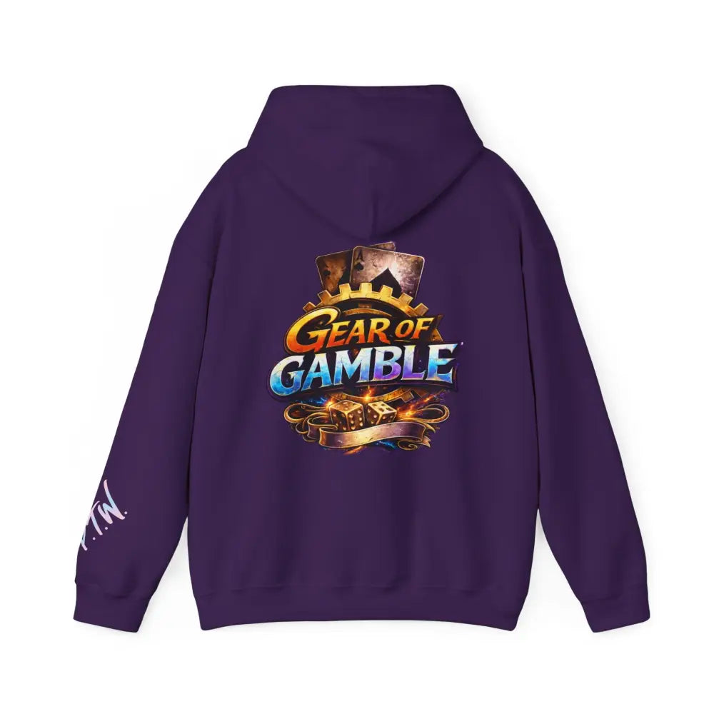 Purple hoodie with 'Gear of Gamble' logo on the back against a white background Front: Prove Them Wrong