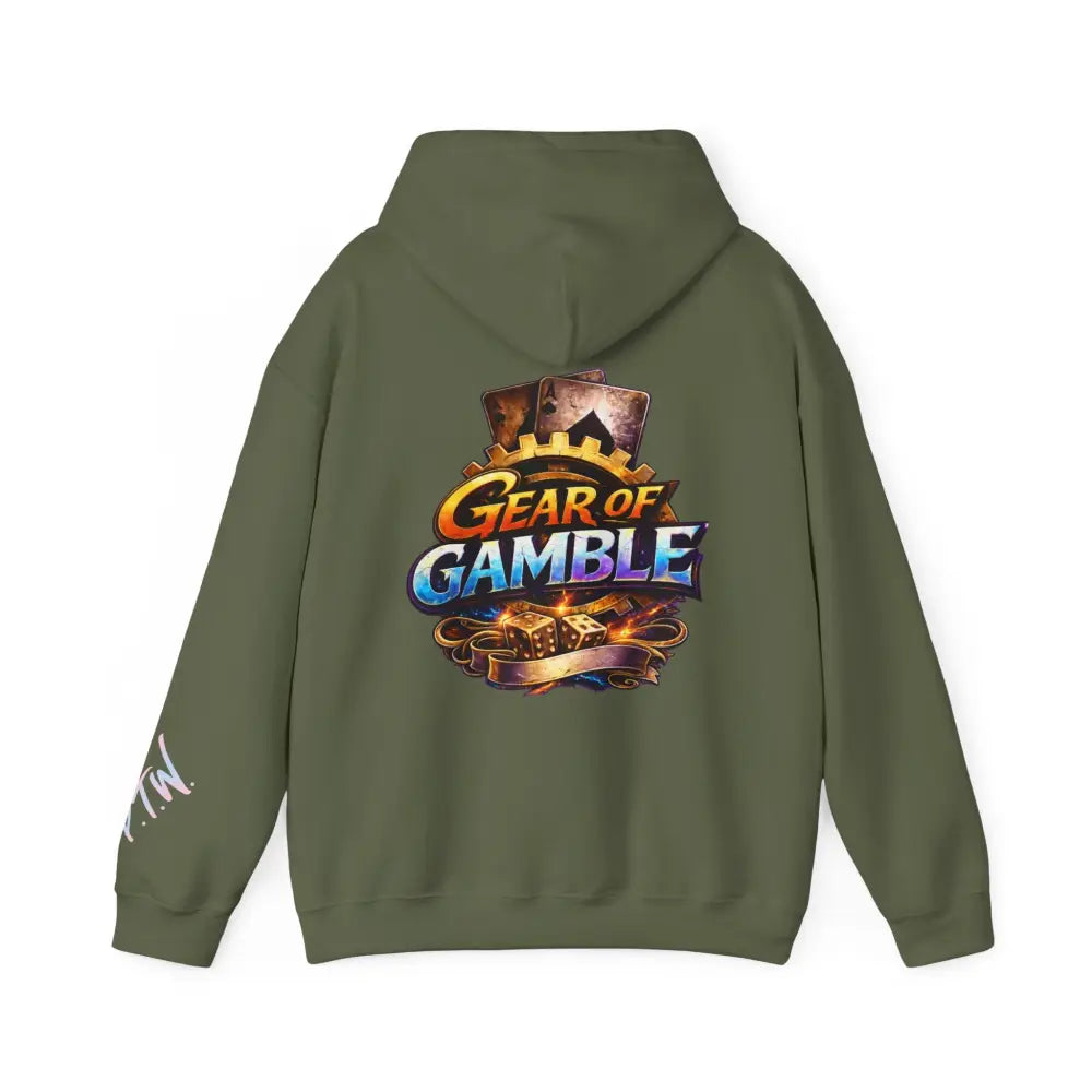 Green hoodie with 'Gear of Gamble' logo on the back against a white background
Front: Prove Them Wrong