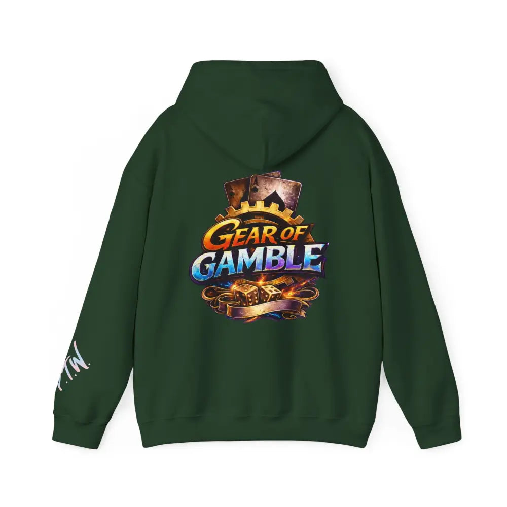 Green hoodie with 'Gear of Gamble' logo on the back against a white background