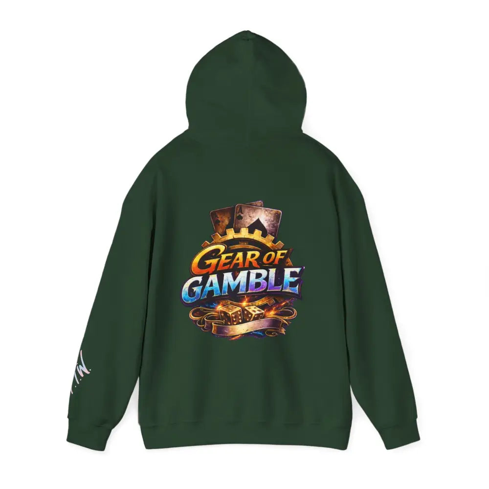 Green hoodie with 'Gear of Gamble' graphic on a white background