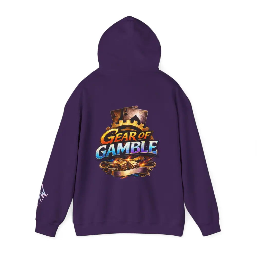 Purple hoodie with 'Gear of Gamble' logo on a white background Front: Prove Them Wrong