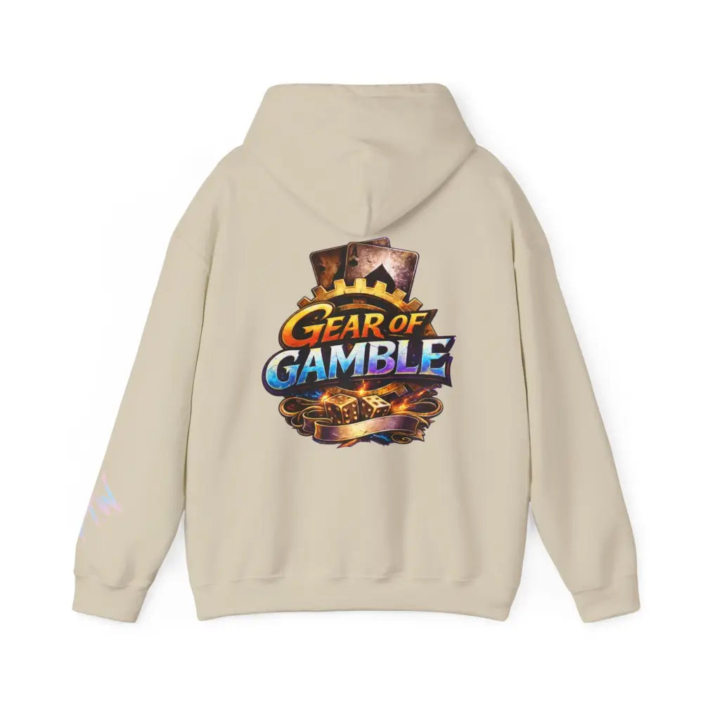 Beige hoodie with 'Gear of Gamble' logo on the back against a white background