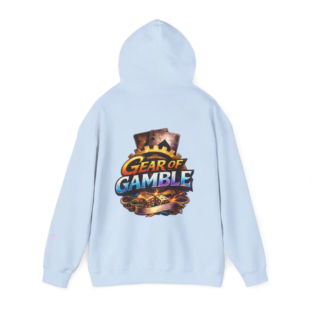 Light blue hoodie with 'Gear of Gamble' logo on a white background Front: Prove Them Wrong
