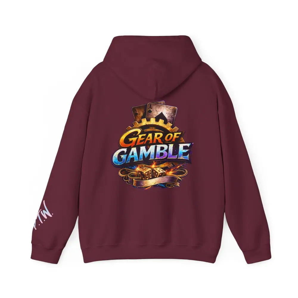 Maroon hoodie with 'Gear of Gamble' logo on the back against a white background 
Front: Prove Them Wrong