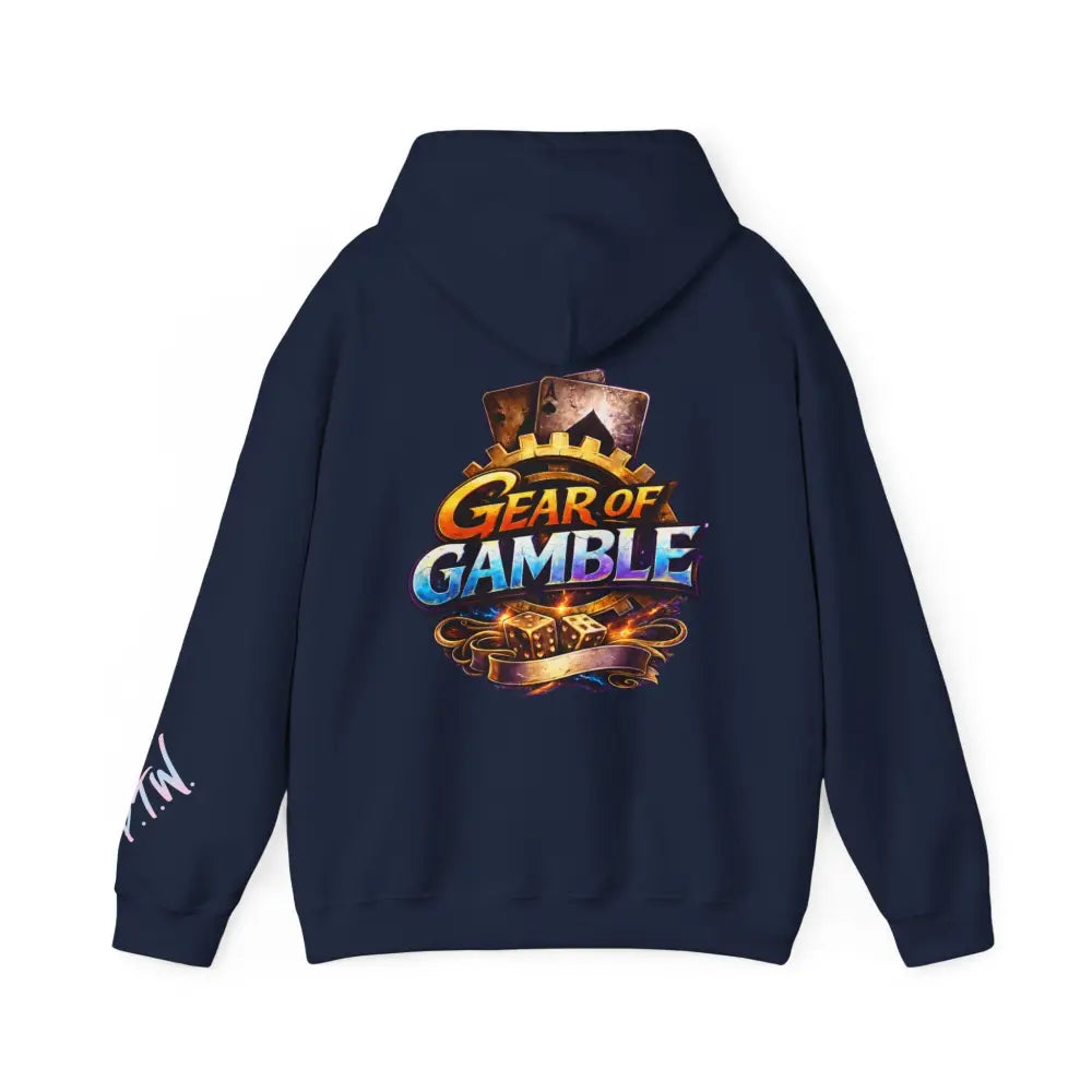 Navy blue hoodie with 'Gear of Gamble' logo on the back against a white background Front: Prove Them Wrong