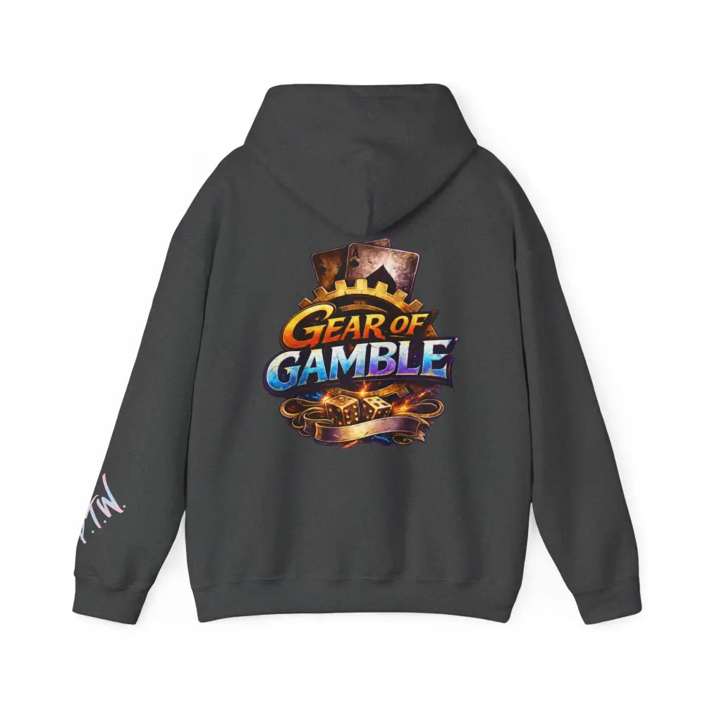 Black hoodie with 'Gear of Gamble' logo on the back against a white background