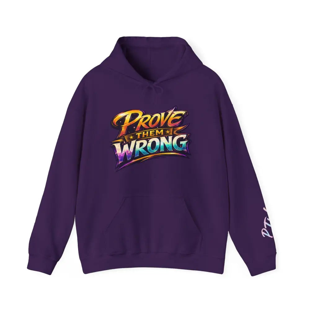 Purple hoodie with colorful 'Prove Them Wrong' text on a white background