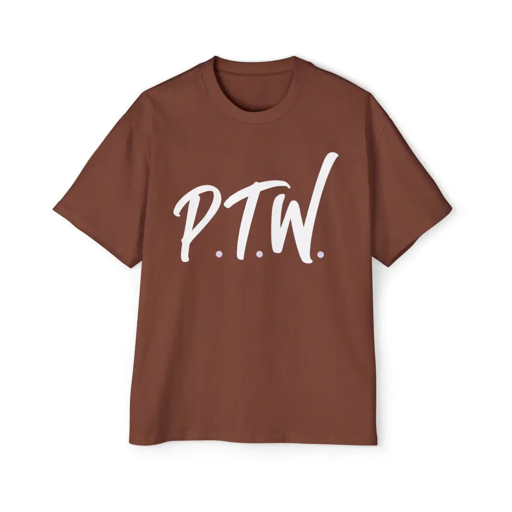 Brown t-shirt with 'P.T.W.' printed in white on a white background