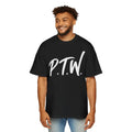 Man wearing a black t-shirt with 'P.T.W.' text on a white background