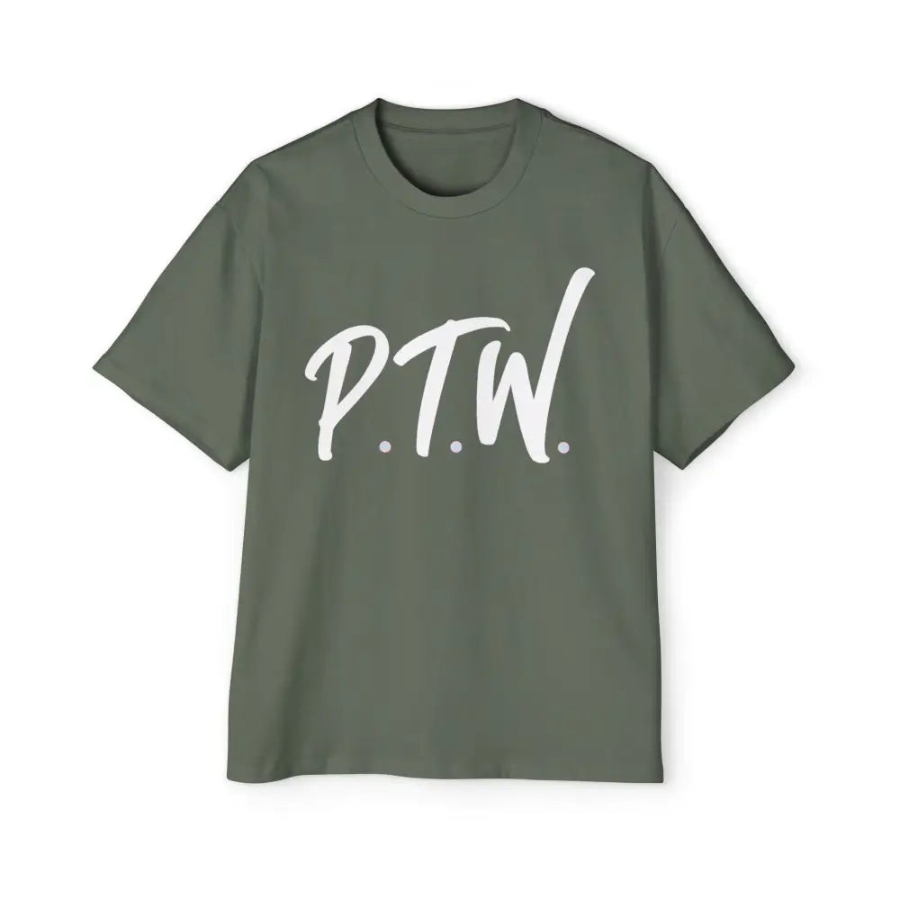 Green t-shirt with 'P.T.W.' printed on a white background