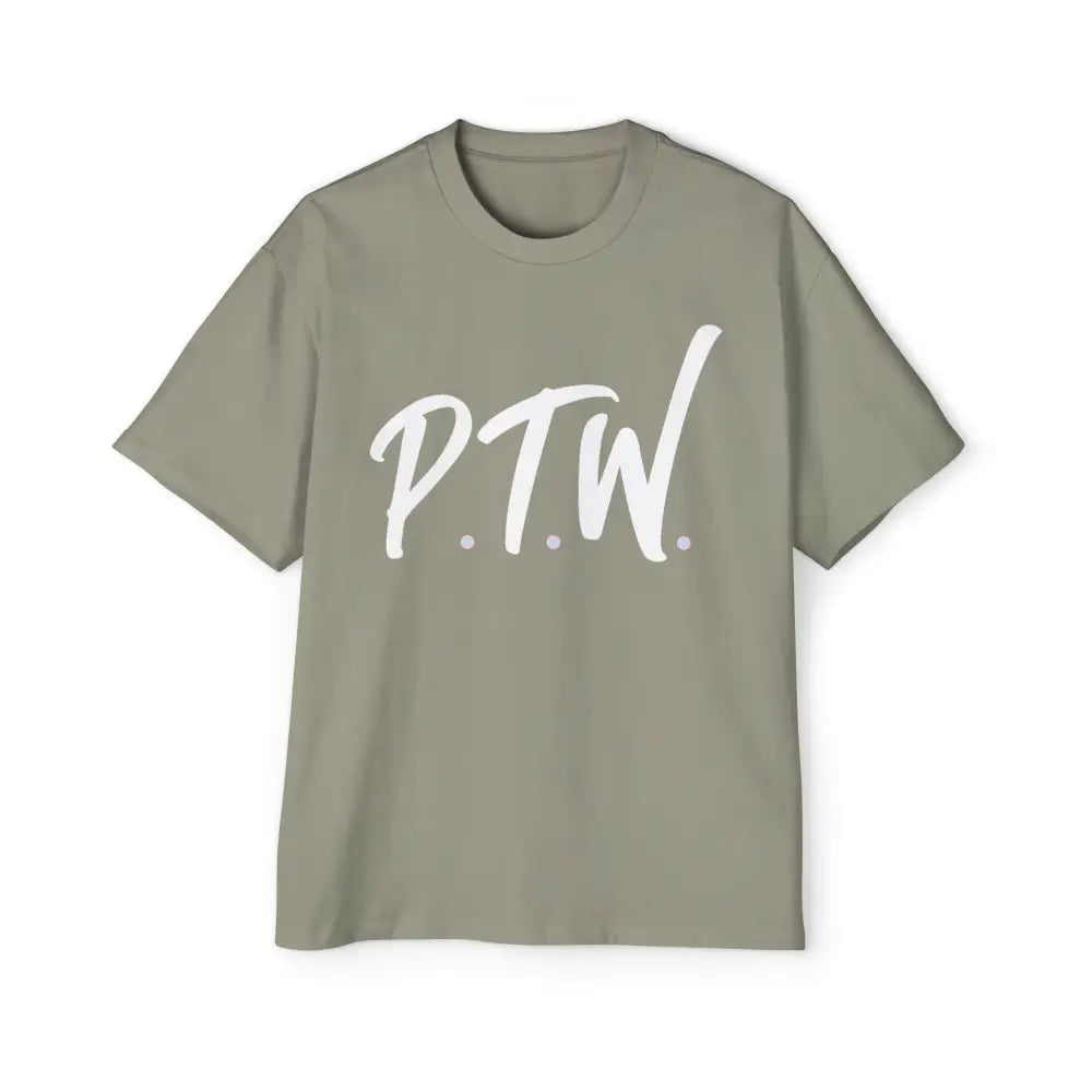 Green t-shirt with 'P.T.W.' printed on a white background