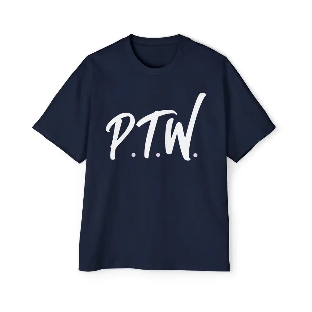 Navy blue t-shirt with 'P.T.W.' printed in white on a white background