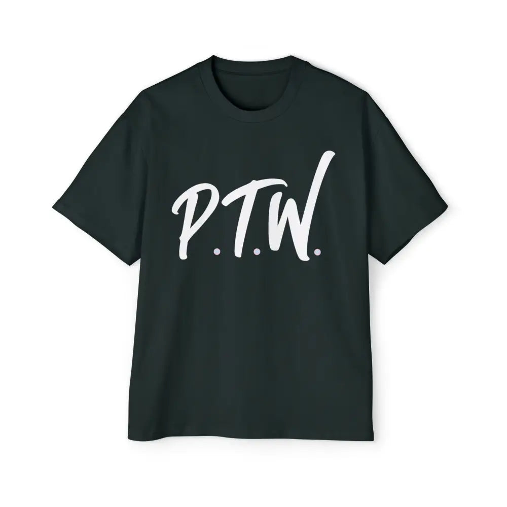 Black t-shirt with 'P.T.W.' printed in white on a white background