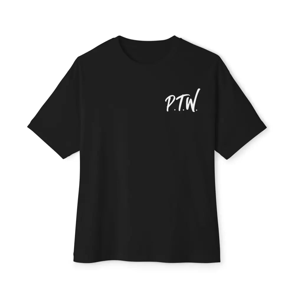 Black t-shirt with 'P.T.W' text on a white background