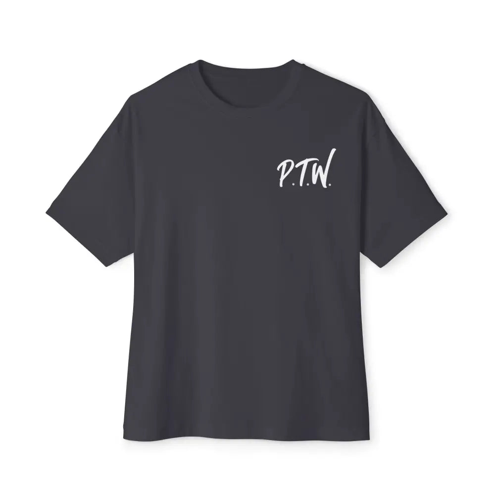Gray t-shirt with a logo on the chest against a white text saying PTW for Prove Them Wrong