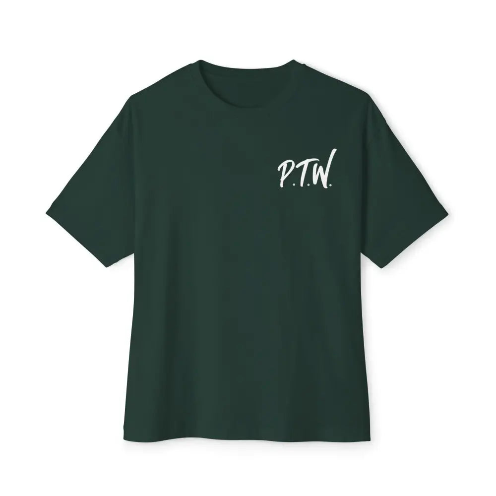 Green t-shirt with a logo on the chest against a white text saying PTW for Prove Them Wrong