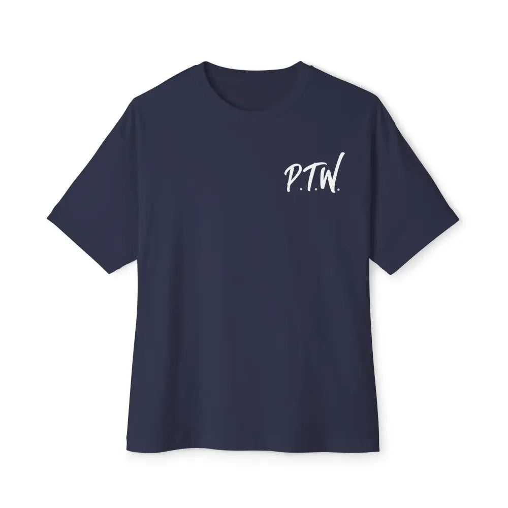Navy t-shirt with a logo on the chest against a white text saying PTW for Prove Them Wrongd