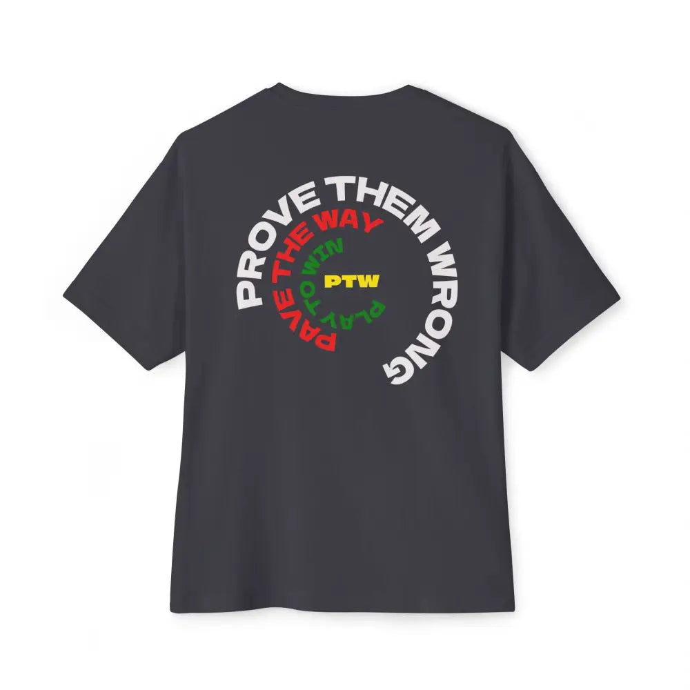 Gray t-shirt with a logo on the chest against a white text saying PTW for Prove Them Wrong
