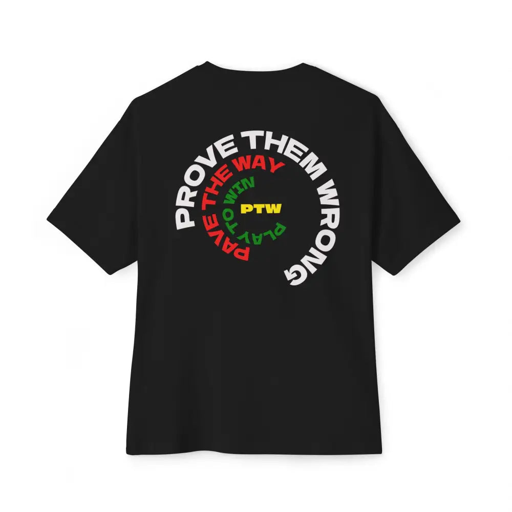Black t-shirt with a logo on the chest against a white text saying PTW for Prove Them Wrong