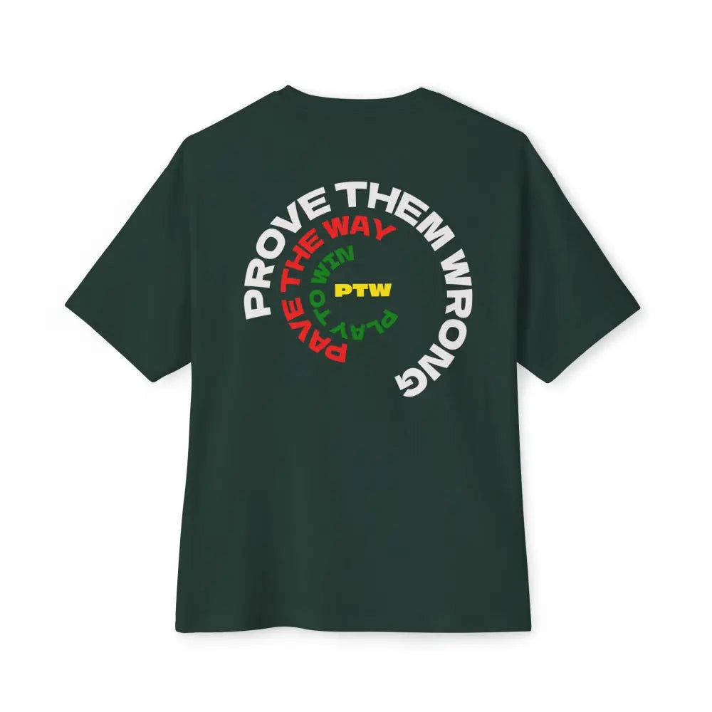 Green t-shirt with a logo on the chest against a white text saying PTW for Prove Them Wrongbackground
