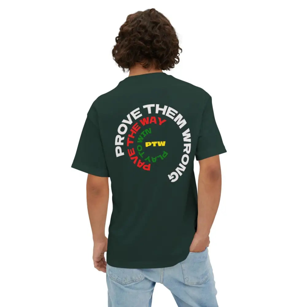 Person wearing a green t-shirt with text on the back, standing against a white background