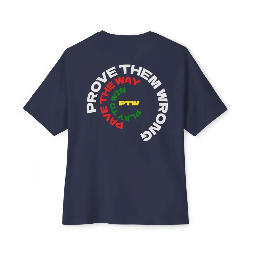 Blue  t-shirt with a logo on the chest against a white text saying PTW for Prove Them Wrong