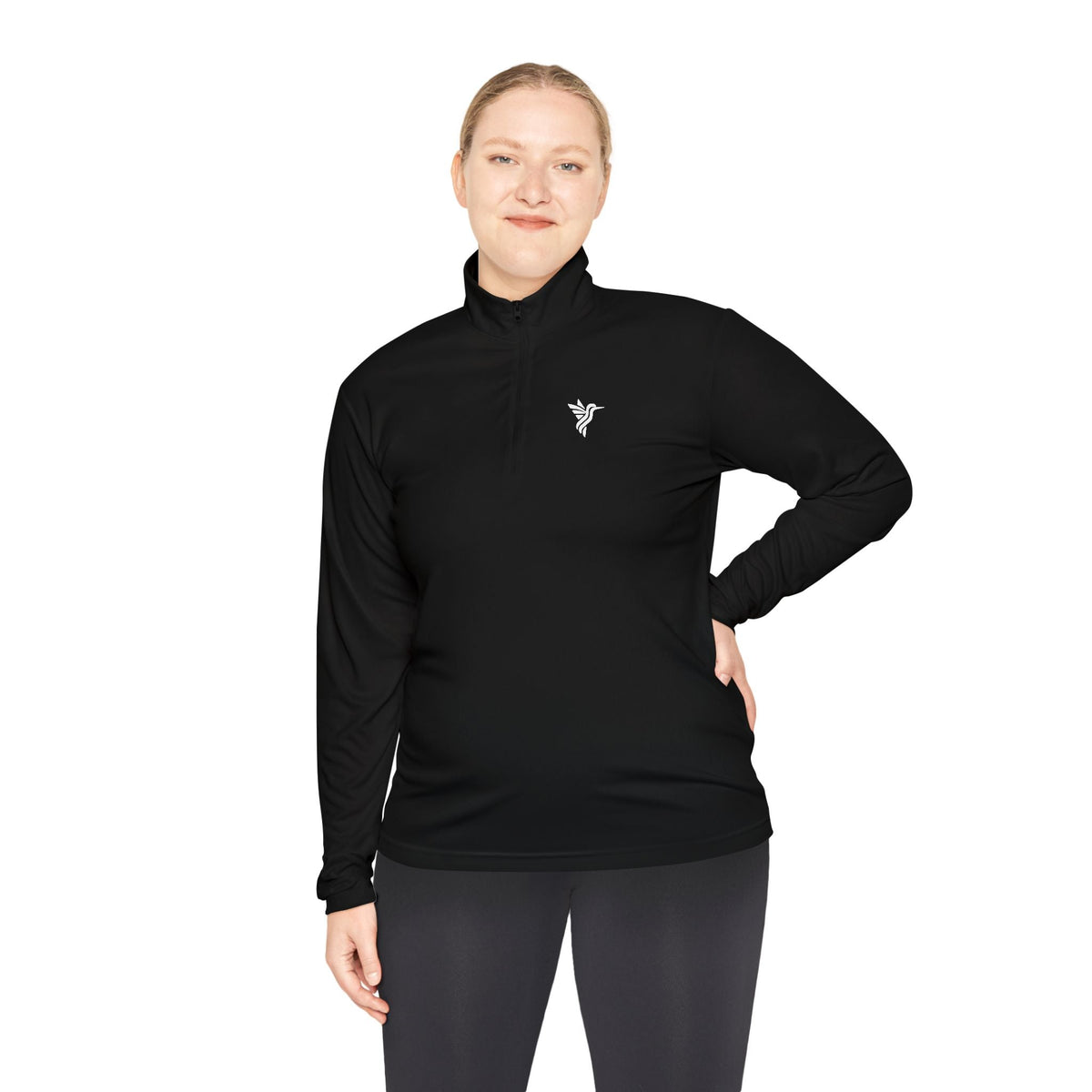 Quarter-Zip Pullover, Minimal Black Patch Bird Logo - Long-sleeve