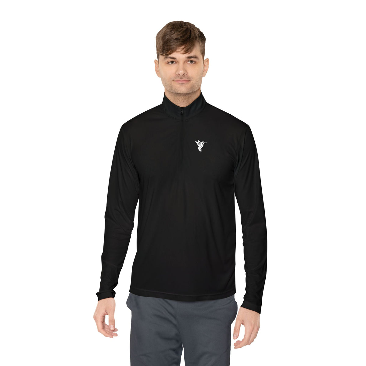 Quarter-Zip Pullover, Minimal Black Patch Bird Logo - Long-sleeve