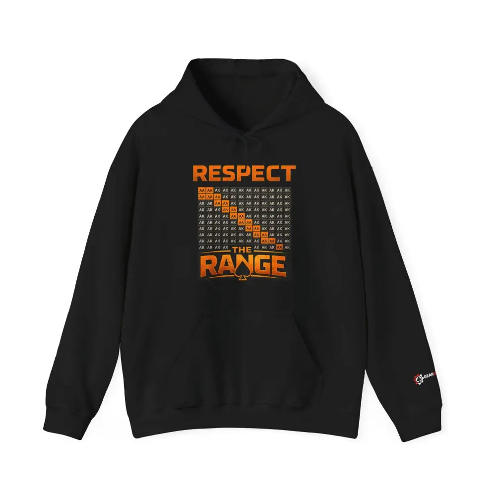 Black "Respect The Range" poker hoodie – strategic poker apparel for grinders who understand the game.