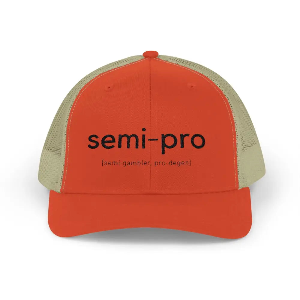 Semi-Pro Snapback Trucker Cap - Gambler & Degenerate Style - Rustic Orange / Khaki / One size - Hats