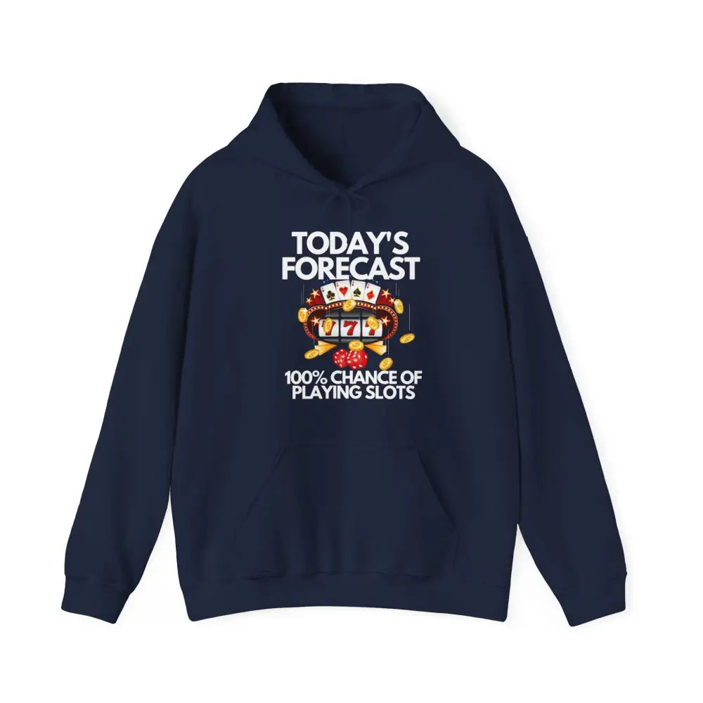 blue Slot Machine graphic hoodie featuring Today’s Forecast Light design, made from a soft cotton/polyester blend, ideal poker apparel for players