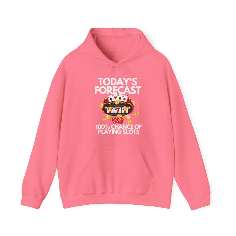 Pink Slot Machine graphic hoodie featuring Today’s Forecast Light design, made from a soft cotton/polyester blend, ideal poker apparel for players